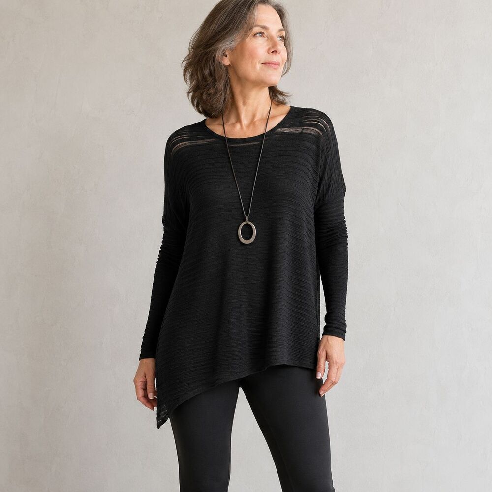 Eileen Fisher Black Asymmetrical Tunic Top Textured Tencel Knit Long Sleeve S